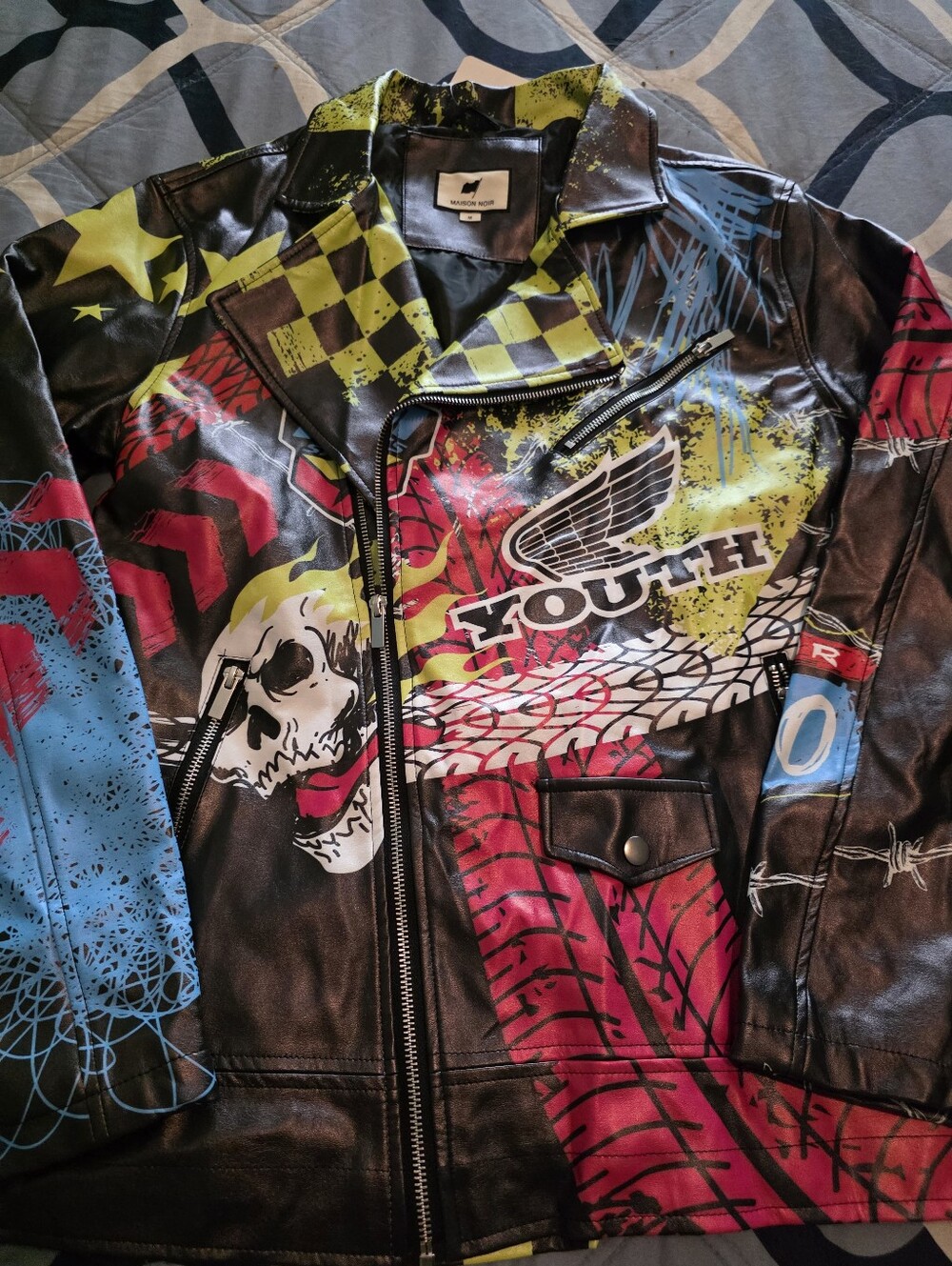 New Graphic Faux-Leather Biker Jacket - Multicolor